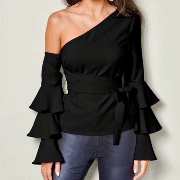 VENUS Ruffle Off the Shoulder One Sleeve Tie Waist Top - Picture 16 of 16